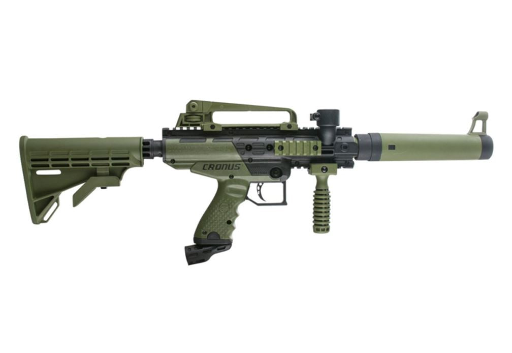 Tippmann Cronus Semi Auto .68Cal Marker Gun std config, marker, ready to play feel, for woodsball play, overview angle
