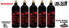 Set of six Maddog 20 oz aluminum CO2 paintball tanks shipped empty for refilling, compatible with standard paintball guns, featuring safety burst disc and 5-year hydro date