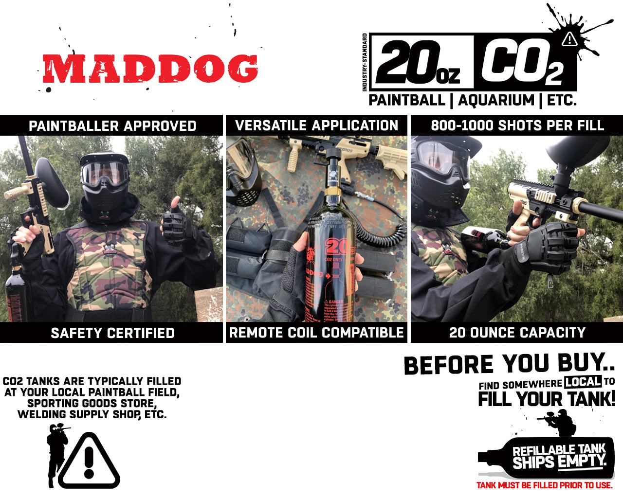 20 oz Maddog refillable CO2 paintball tank with safety certification, remote coil compatibility, and 800-1000 shots per fill, shipped empty.