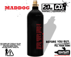 20 oz Maddog lightweight aluminum CO2 paintball tank with pin valve, ships empty, compatible with standard paintball guns, 5-year hydro date