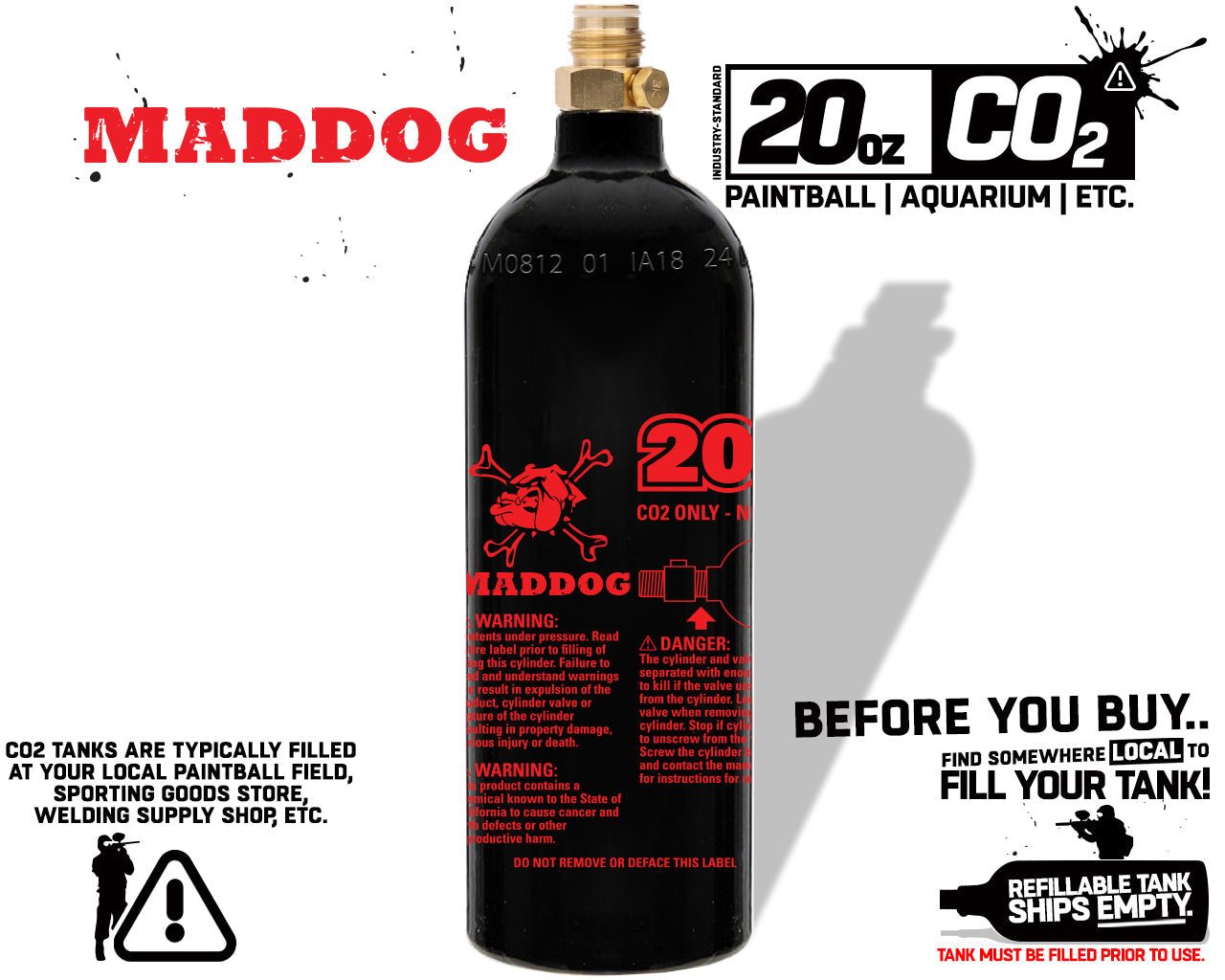 20 oz Maddog CO2 paintball tank, lightweight aluminum, 5 year hydro, ships empty, refillable for paintball guns