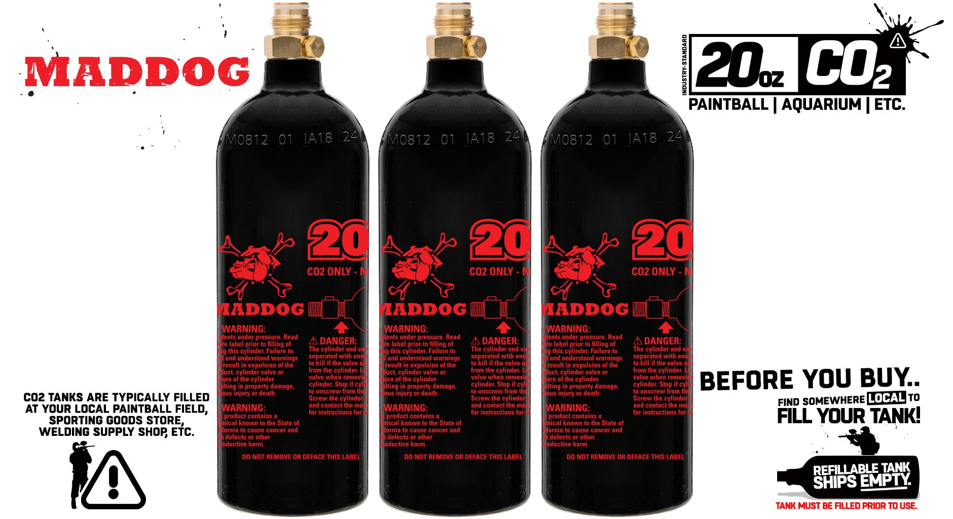 Three black 20 oz Maddog CO2 paintball tanks with red logos and safety warnings, shipped empty and compatible with standard paintball guns.