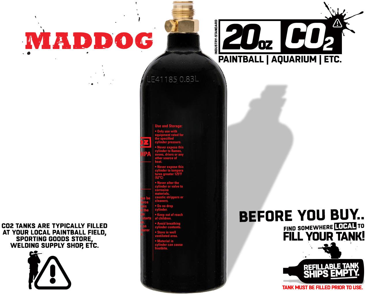 20 oz lightweight aluminum CO2 paintball tank with 5 year hydro date, ships empty, compatible with standard paintball guns and markers