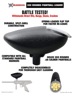 Maddog JT Stealth 200-round paintball loader with durable construction and spring-loaded flip top for fast reloading