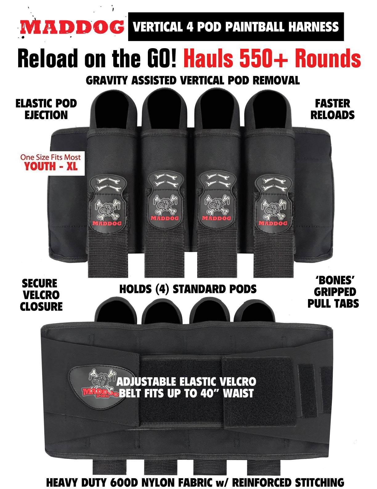 Maddog Empire Mini GS Package includes vertical 4-pod paintball harness with elastic pod ejection, secure velcro closure, adjustable belt up to 40" waist, and heavy-duty nylon fabric with reinforced stitching.
