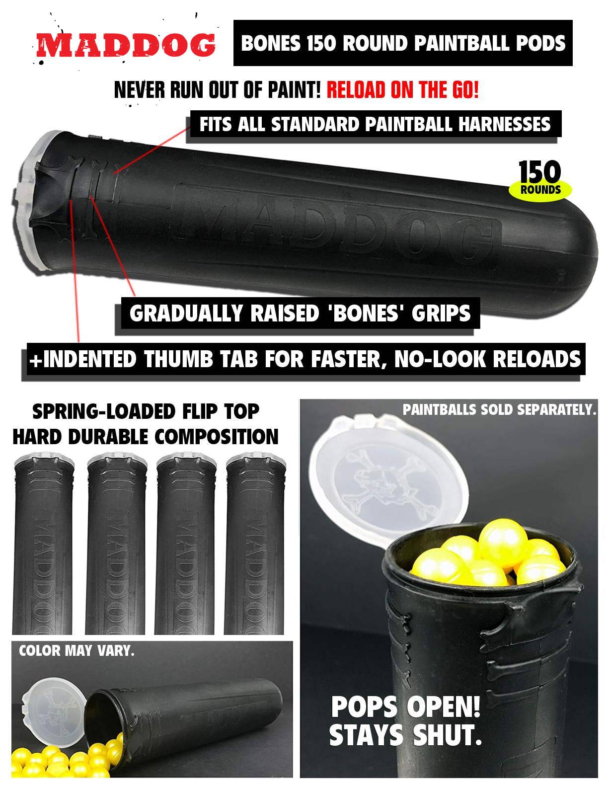 Maddog Bones 150 round paintball pods with spring-loaded flip top and raised grip for Empire Mini GS Package