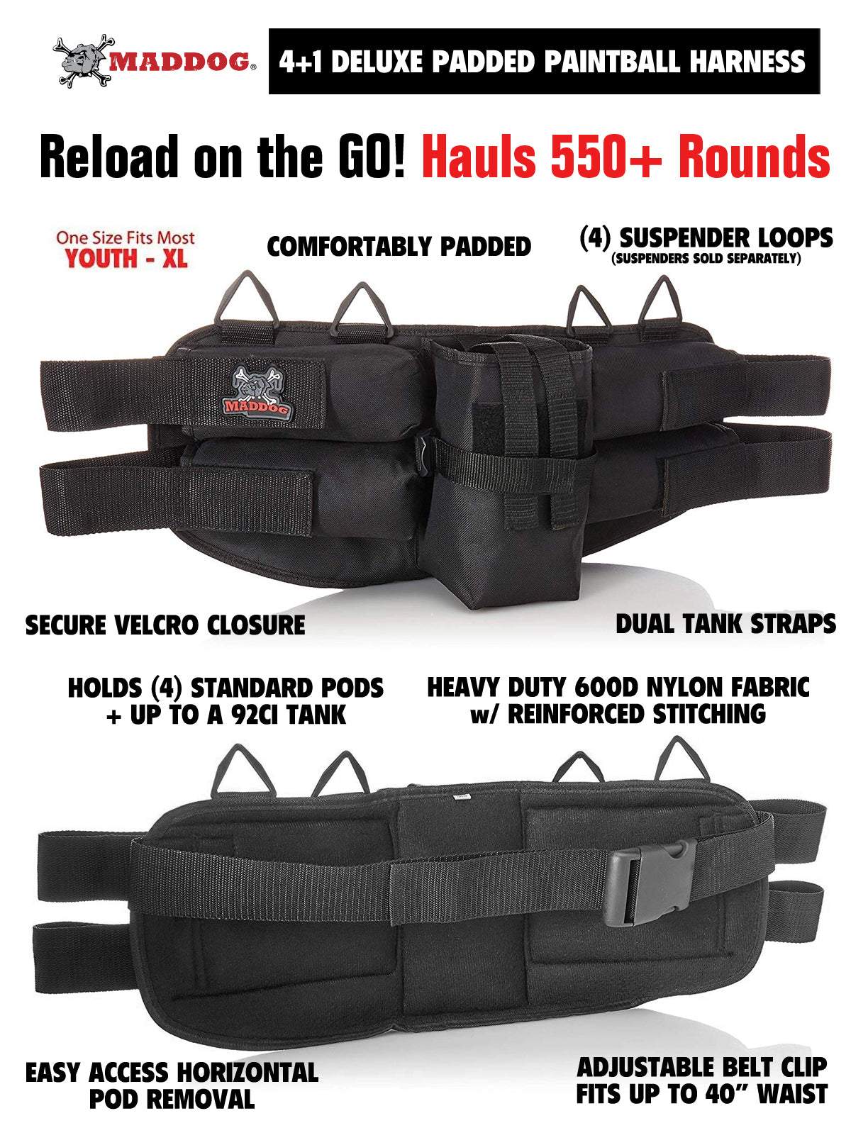 Black Maddog 4+1 entry level paintball harness with padded adjustable waist belt, four pod holders, tank pouch, and dual tank straps made of heavy duty nylon.