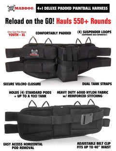 Black Maddog 4+1 entry level paintball harness with padded adjustable waist belt, four pod holders, tank pouch, and dual tank straps made of heavy duty nylon.