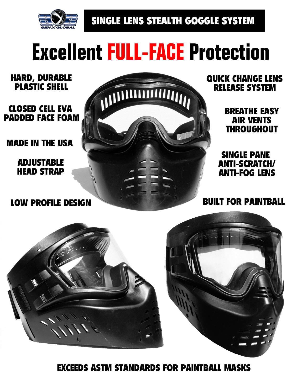 Black Maddog JT Stealth full-face paintball mask with adjustable strap and quick-change lens system