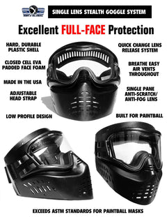 Black Maddog JT Stealth full-face paintball mask with adjustable strap and quick-change lens system