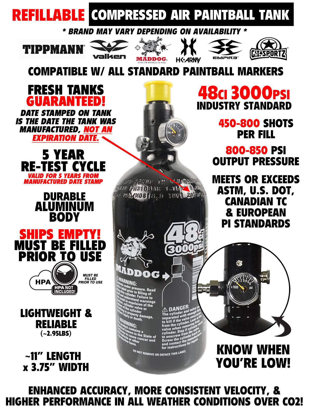 Maddog JT Stealth silver HPA refillable compressed air paintball tank with 48ci 3000psi capacity for standard paintball markers.