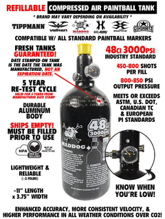 Maddog JT Stealth silver HPA refillable compressed air paintball tank with 48ci 3000psi capacity for standard paintball markers.