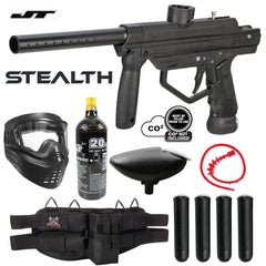 Maddog JT Stealth .68 caliber semi-auto paintball gun with silver CO2 tank, mask, loader, barrel squeegee, and tactical accessory belt pack.
