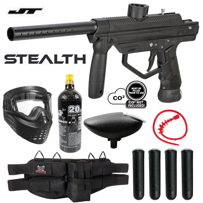 Maddog JT Stealth .68 caliber semi-auto paintball gun with silver CO2 tank, mask, loader, barrel squeegee, and tactical accessory belt pack.