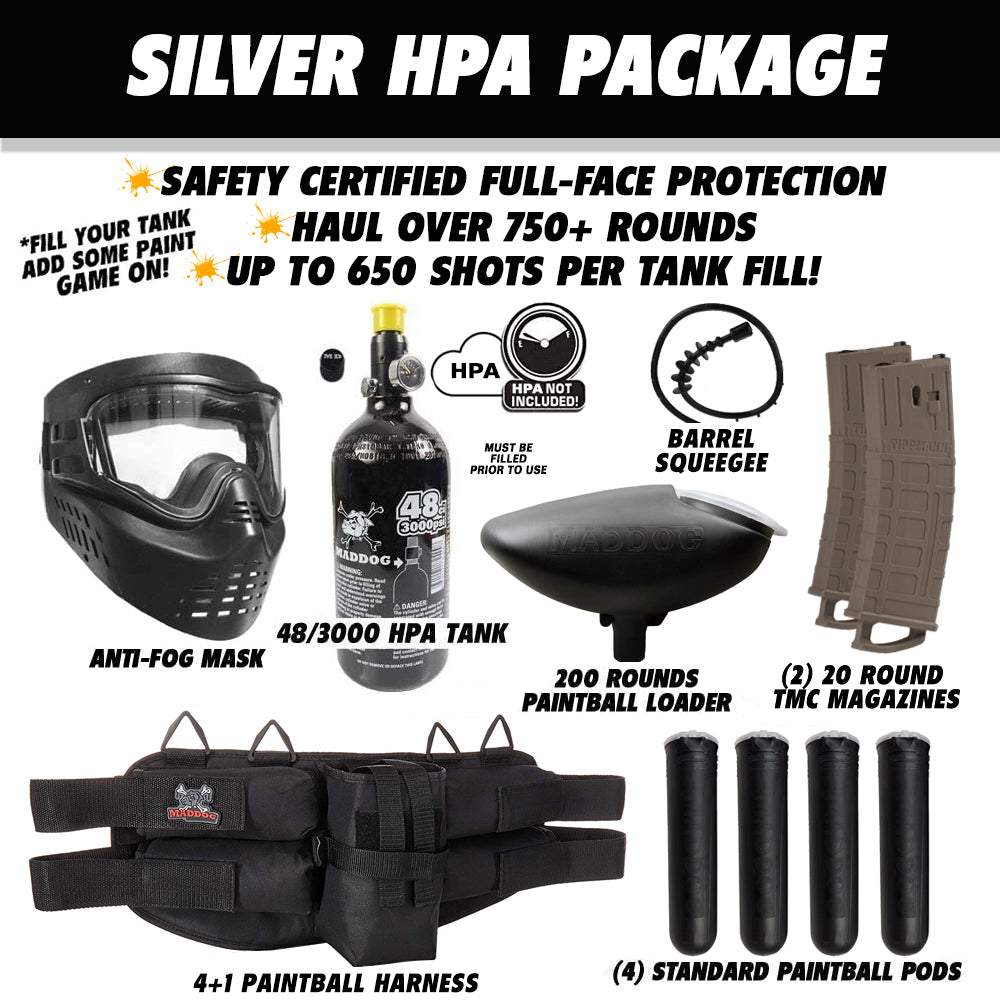Tippmann TMC MAGFED silver HPA paintball gun starter package with anti-fog mask, 48/3000 HPA tank, 200-round loader, barrel squeegee, two 20-round magazines, paintball harness, and four pods