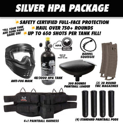 Tippmann TMC MAGFED silver HPA paintball gun starter package with anti-fog mask, 48/3000 HPA tank, 200-round loader, barrel squeegee, two 20-round magazines, paintball harness, and four pods