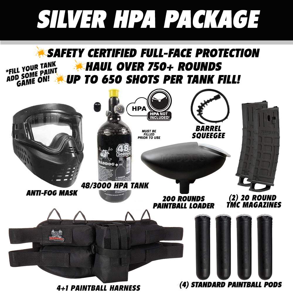 Tippmann TMC MAGFED silver HPA paintball gun starter package with anti-fog mask, 48/3000 HPA tank, 200-round loader, barrel squeegee, two 20-round magazines, paintball pods, and harness