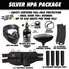 Tippmann TMC MAGFED silver HPA paintball gun starter package with anti-fog mask, 48/3000 HPA tank, 200-round loader, barrel squeegee, two 20-round magazines, paintball pods, and harness