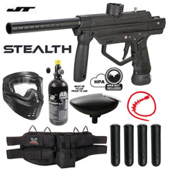 Maddog JT Stealth black .68 caliber semi-automatic paintball gun with mask, HPA tank, loader, barrel squeegee, and accessory pack