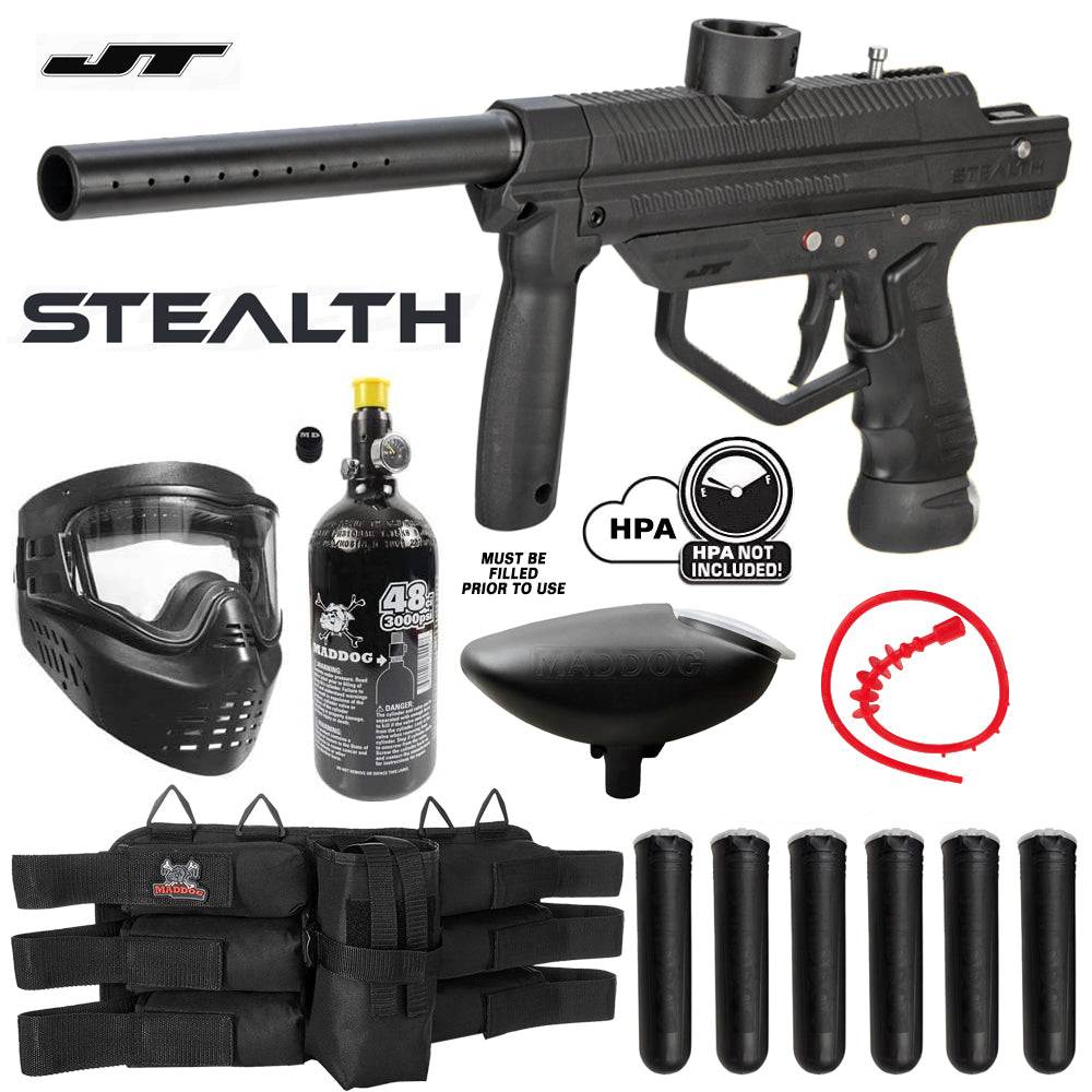 Maddog Titanium HPA paintball gun starter package with JT Stealth marker, mask, air tank, loader, pods, and accessories