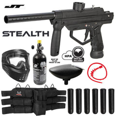 Maddog Titanium HPA paintball gun starter package with JT Stealth marker, mask, air tank, loader, pods, and accessories