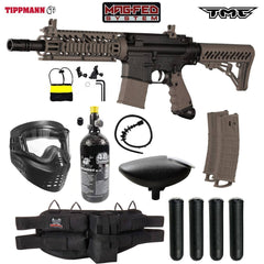 Tippmann TMC MAGFED paintball gun starter package with silver HPA tank, mask, loader, magazines, pods, and harness