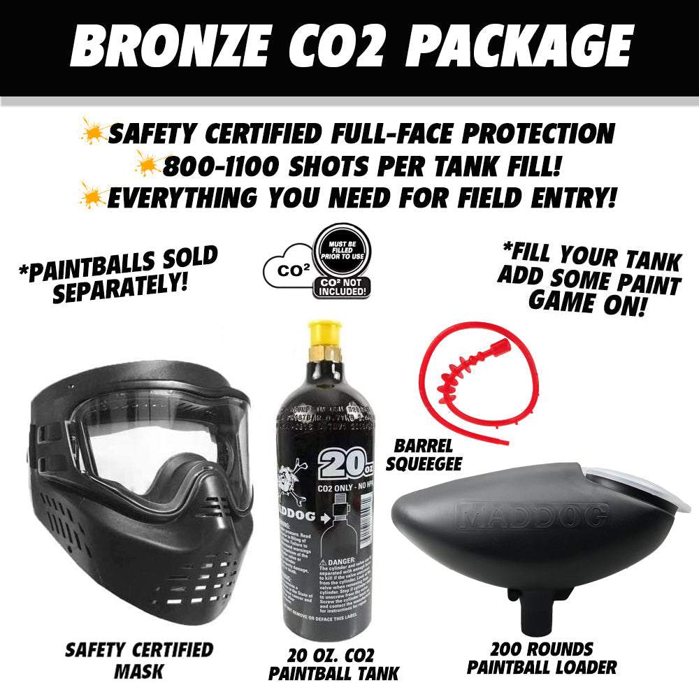 Maddog JT Stealth paintball gun package with bronze CO2 tank, safety mask, 200-round loader, and barrel squeegee for field entry