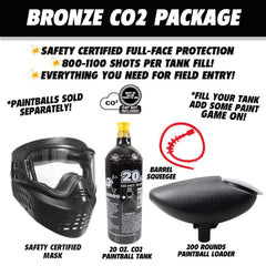 Maddog JT Stealth paintball gun package with bronze CO2 tank, safety mask, 200-round loader, and barrel squeegee for field entry