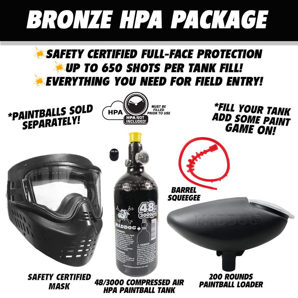 JT Stealth paintball gun starter package with bronze HPA tank, safety mask, barrel squeegee, and 200-round loader
