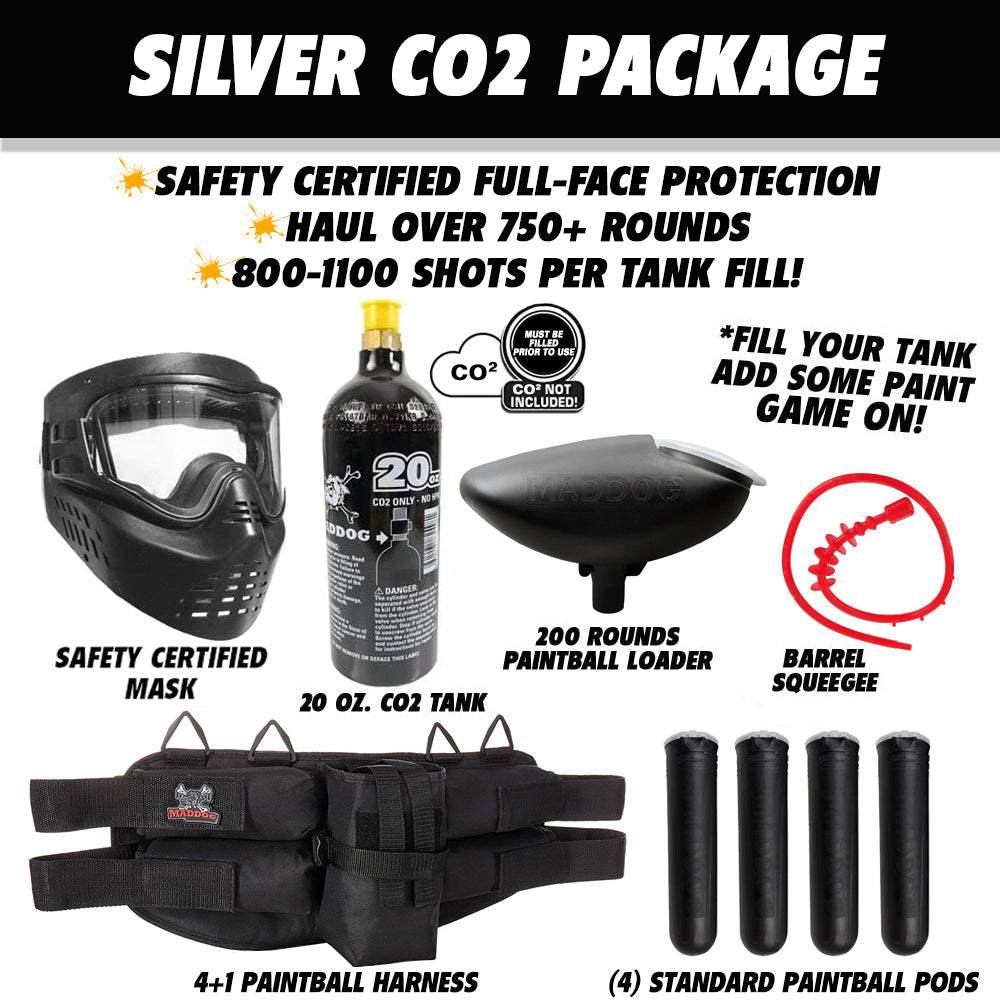 Maddog JT Stealth paintball gun starter package with silver CO2 tank, safety mask, loader, barrel squeegee, and harness