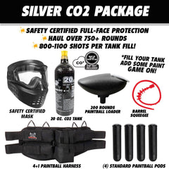 Maddog JT Stealth paintball gun starter package with silver CO2 tank, safety mask, loader, barrel squeegee, and harness