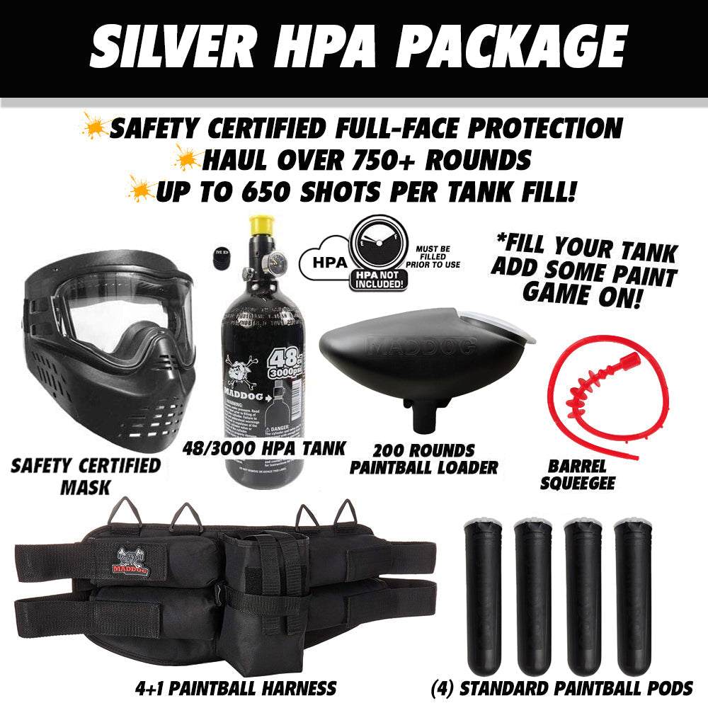 Maddog JT Stealth tactical silver HPA paintball gun starter package with safety mask, 48/3000 HPA tank, 200-round loader, barrel squeegee, paintball harness, and pods