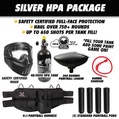 Maddog JT Stealth tactical silver HPA paintball gun starter package with safety mask, 48/3000 HPA tank, 200-round loader, barrel squeegee, paintball harness, and pods