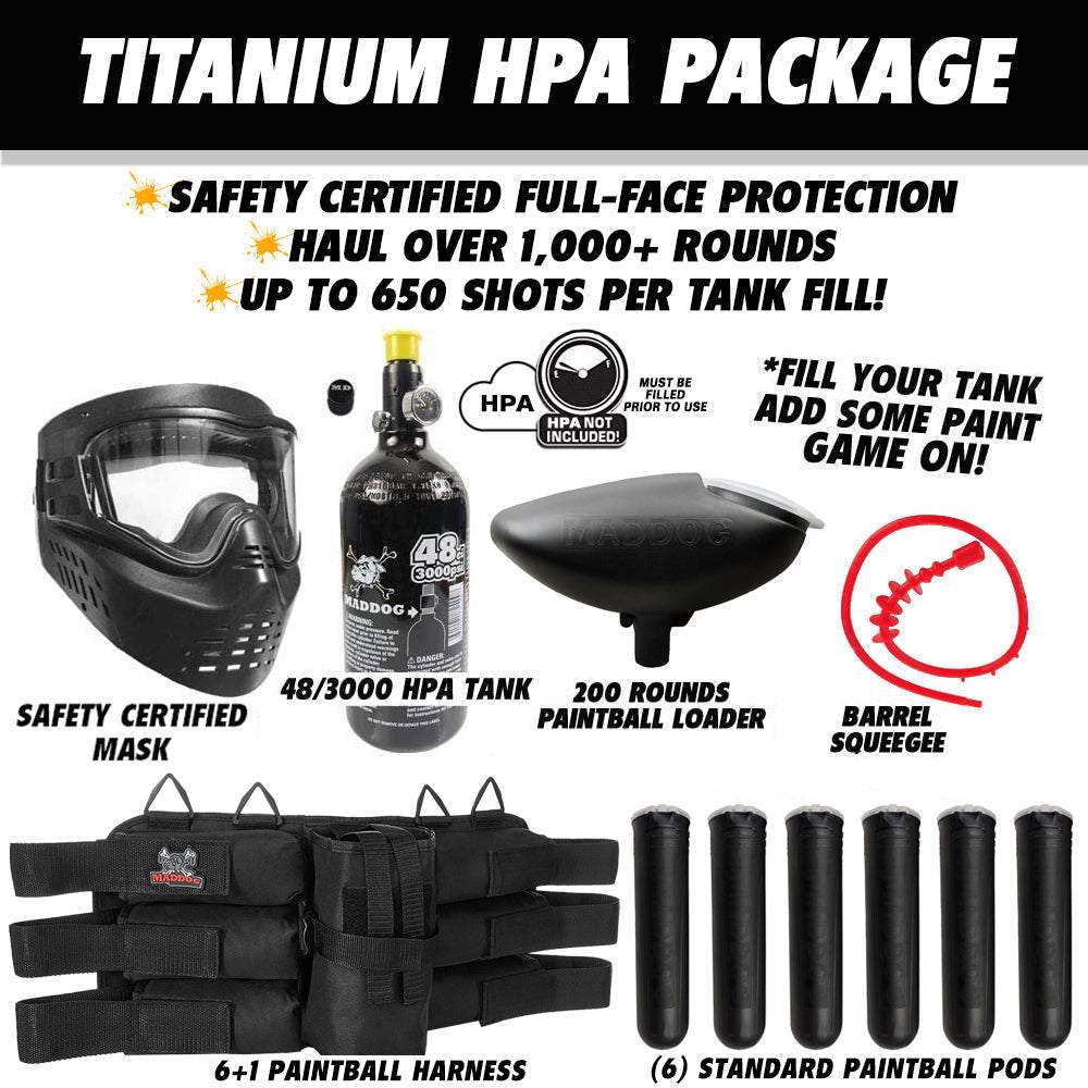 Maddog Titanium HPA paintball package with safety mask, 48/3000 HPA tank, 200-round loader, barrel squeegee, harness, and six paintball pods.