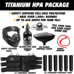 Maddog Titanium HPA paintball package with safety mask, 48/3000 HPA tank, 200-round loader, barrel squeegee, harness, and six paintball pods.