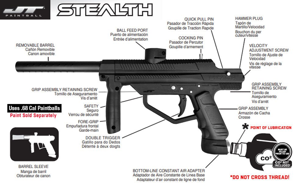 Maddog JT Stealth .68 caliber semi-automatic paintball gun with internal gas line, double trigger, foregrip, and removable barrel, included in silver CO2 starter package with mask, tank, loader, and squeegee.