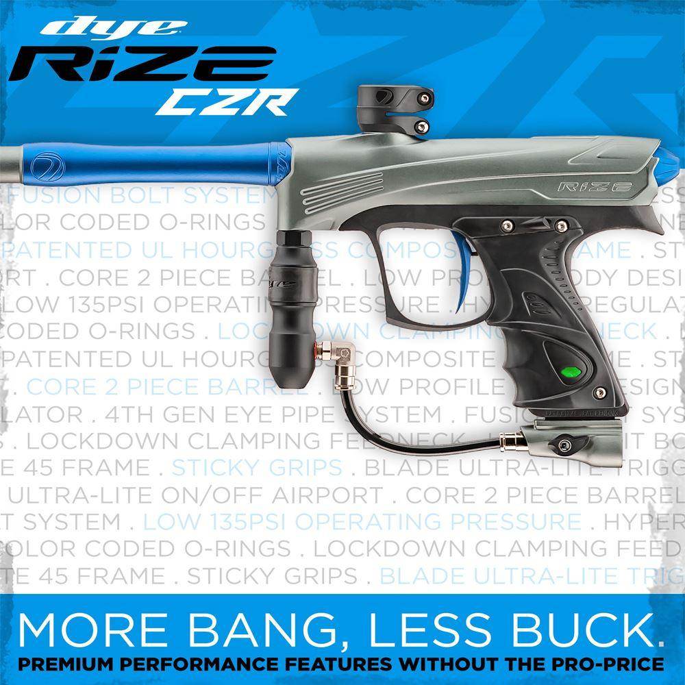 Dye Rize CZR Electronic Gun Marker - Full Auto Tournament Black / Grey color, marker, ready to play feel, for woodsball play, side profile