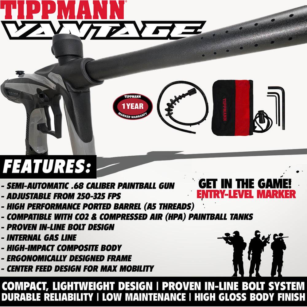 Tippmann Vantage Package semi-automatic .68 caliber paintball gun with bronze HPA accessory kit including mask, loader, barrel squeegee, and compressed air tank
