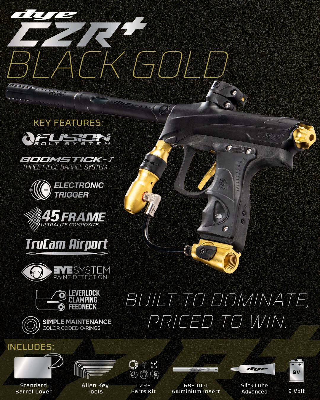 DYE CZR+ black and gold electronic paintball gun with Fusion Bolt System, Boomstick-I barrel, electronic trigger, 45 composite frame, TruCam airport, and leverlock clamping feedneck.