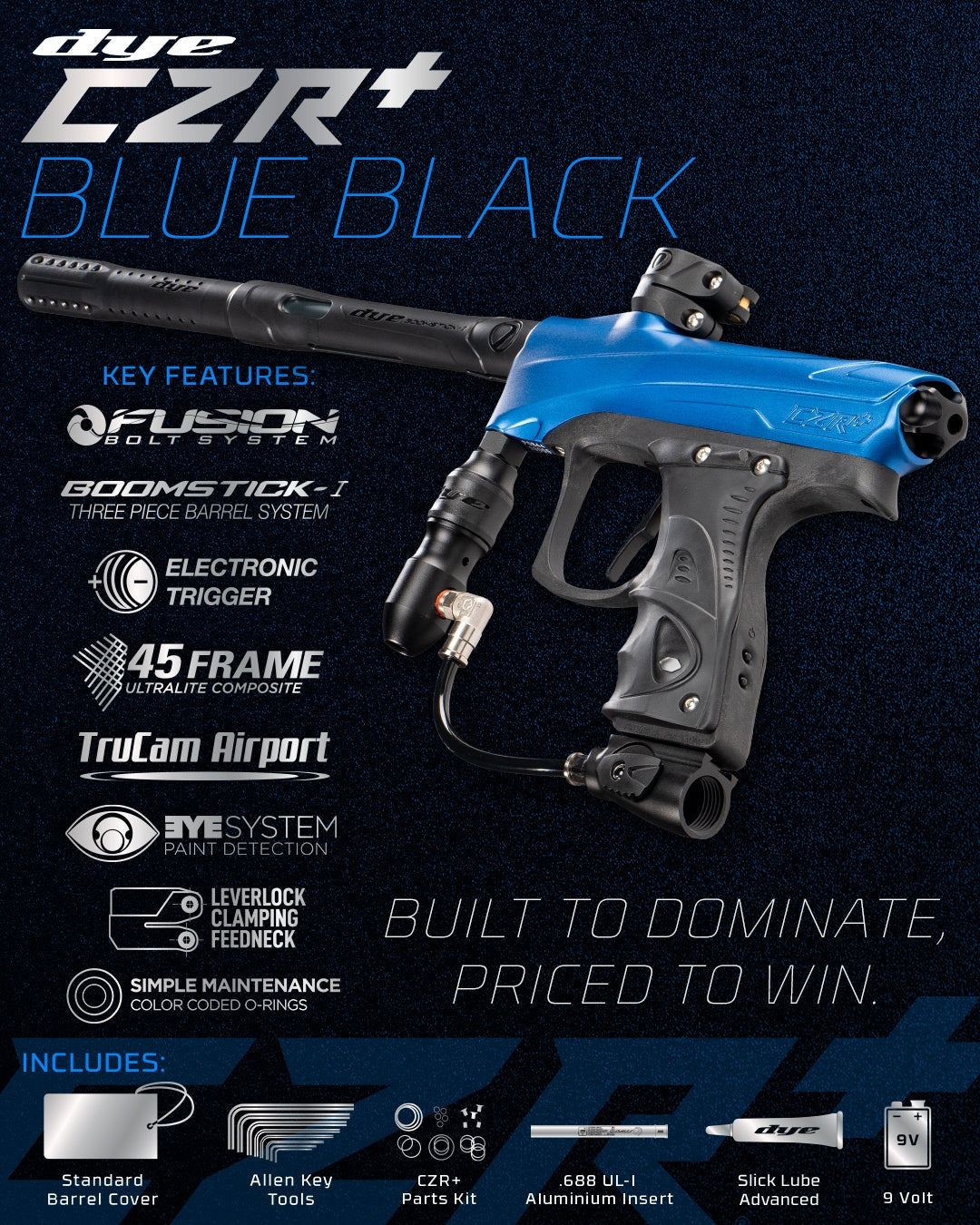 DYE CZR+ .68 Cal blue and black electronic paintball marker with Fusion bolt system and Boomstick-I barrel.