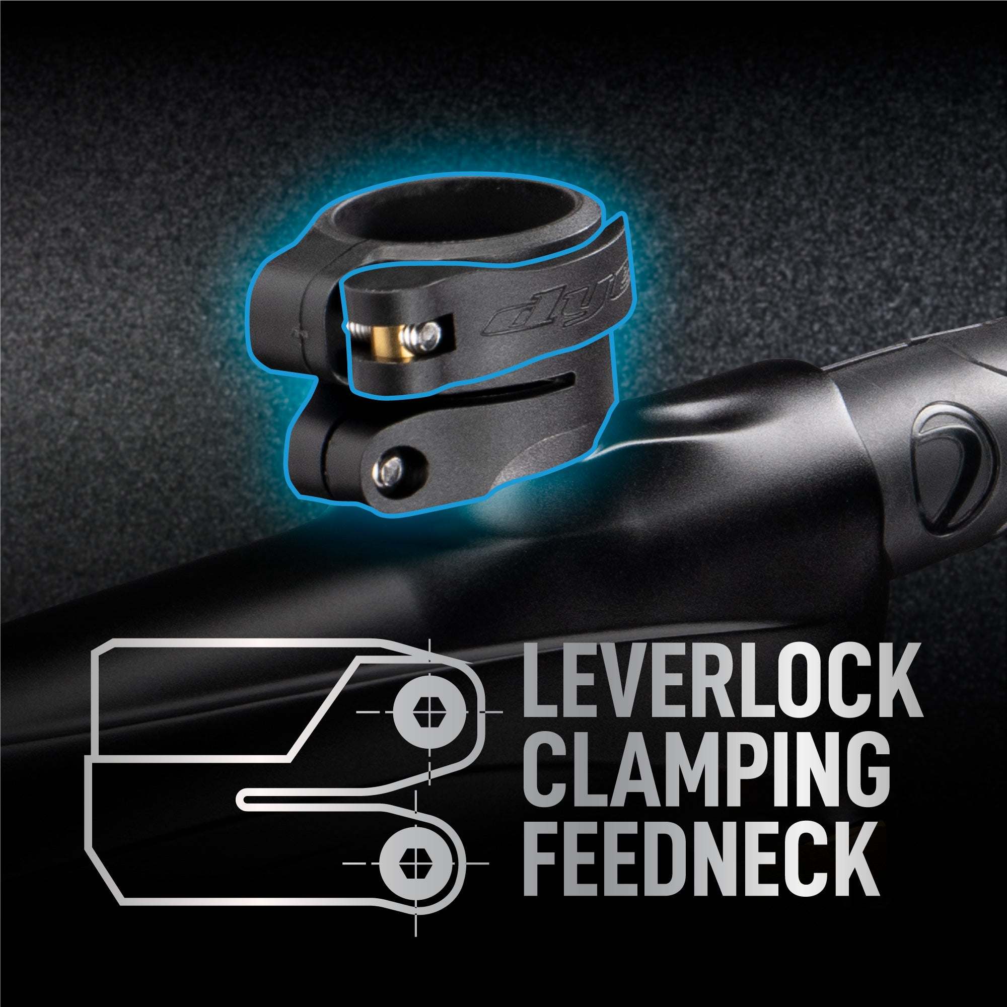 DYE CZR+ .68 Cal paintball marker leverlock clamping feedneck close-up with highlighted clamp and technical diagram.