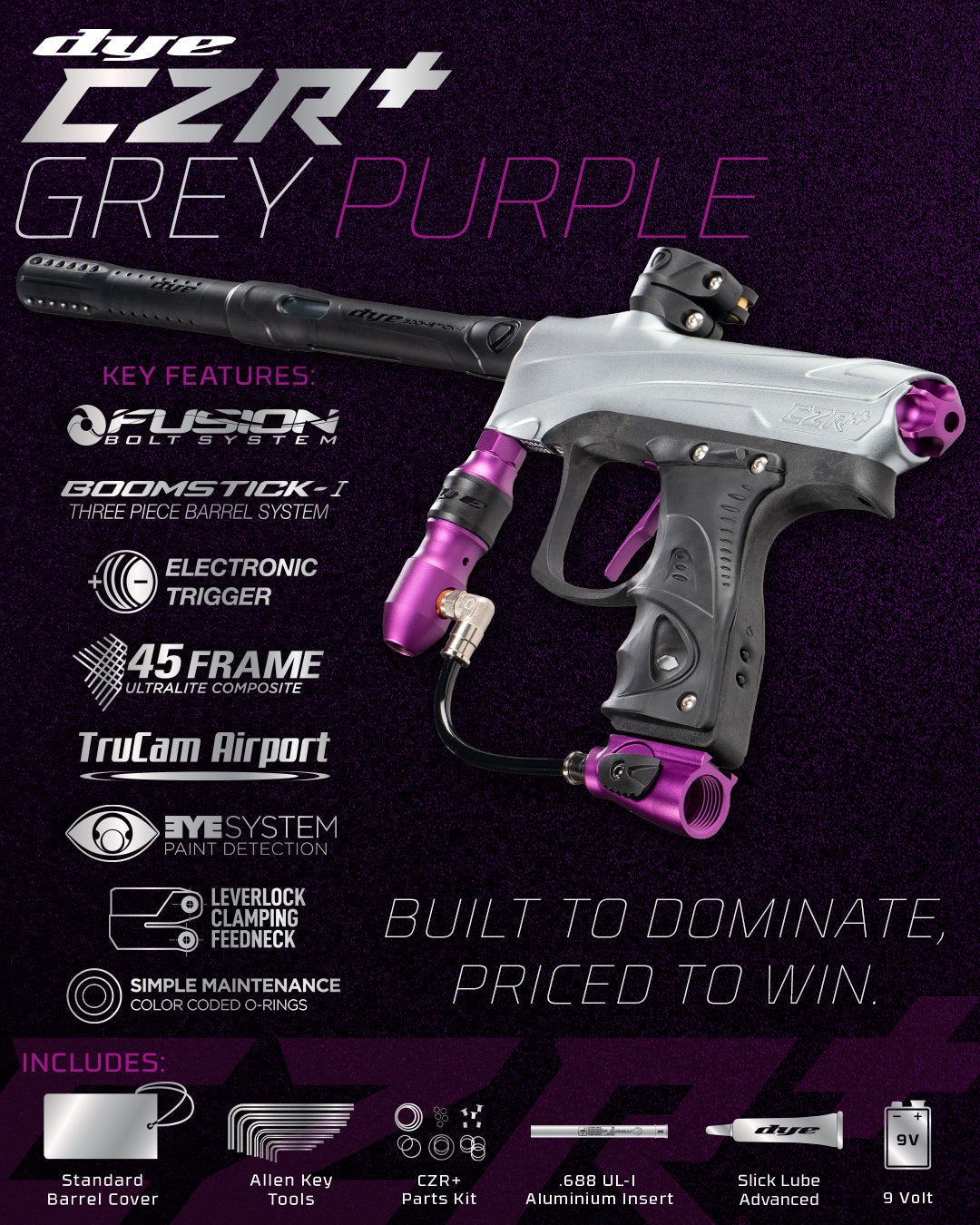 DYE CZR+ Paintball Gun with Fusion Bolt System, Boomstick-I barrel, electronic trigger, 45 frame composite, TruCam Airport, and leverlock feedneck in grey and purple.