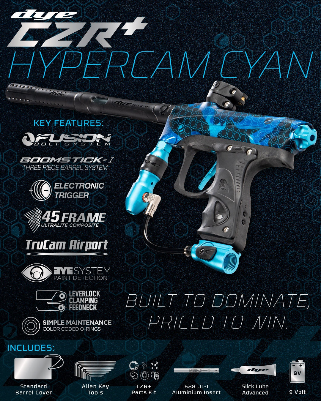 DYE CZR+ Hypercam Cyan electronic paintball gun marker with Fusion bolt system and Boomstick-I barrel