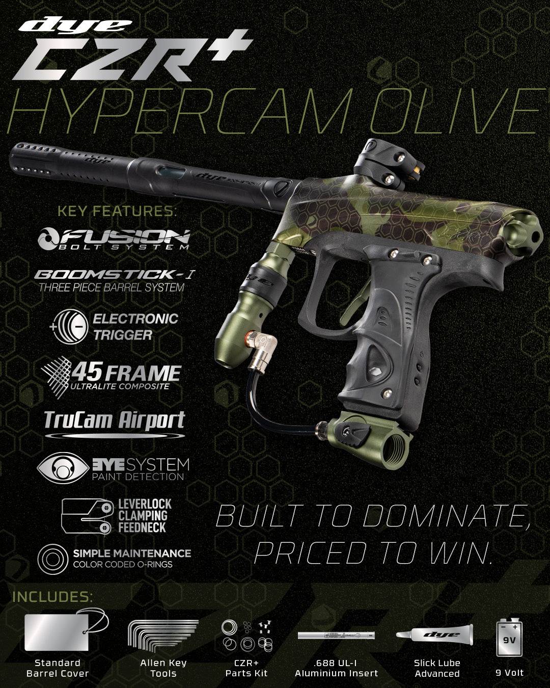 DYE CZR+ Paintball Gun in Hypercam Olive with electronic trigger, Boomstick-I barrel, and TruCam airport system for tournament-ready performance.