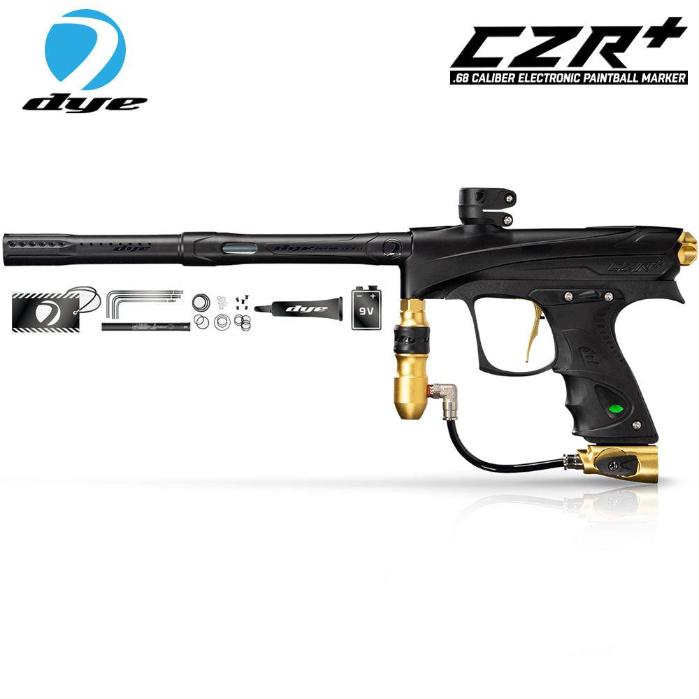 DYE CZR+ electronic paintball gun marker with full auto, black and gold design, includes accessories and 9V battery.