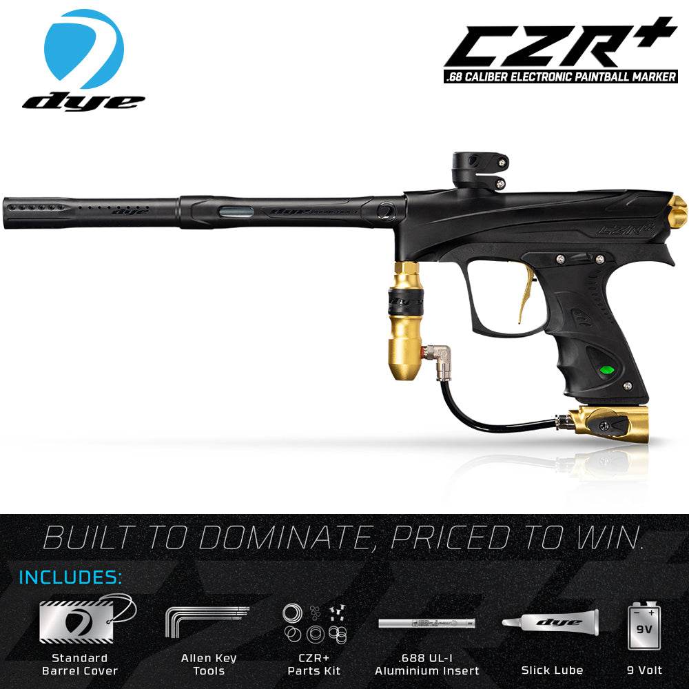 DYE CZR+ Paintball Marker in black and gold with electronic trigger and composite barrel system.