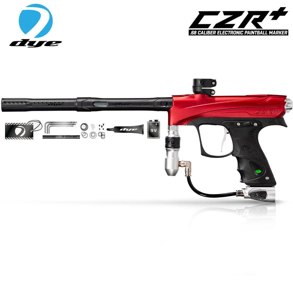 DYE CZR+ electronic paintball gun marker in red and black with accessories including battery, barrel components, and tools.