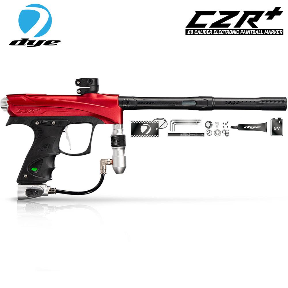 DYE CZR+ electronic paintball gun marker in red and silver with barrel, battery, and maintenance parts displayed on white background