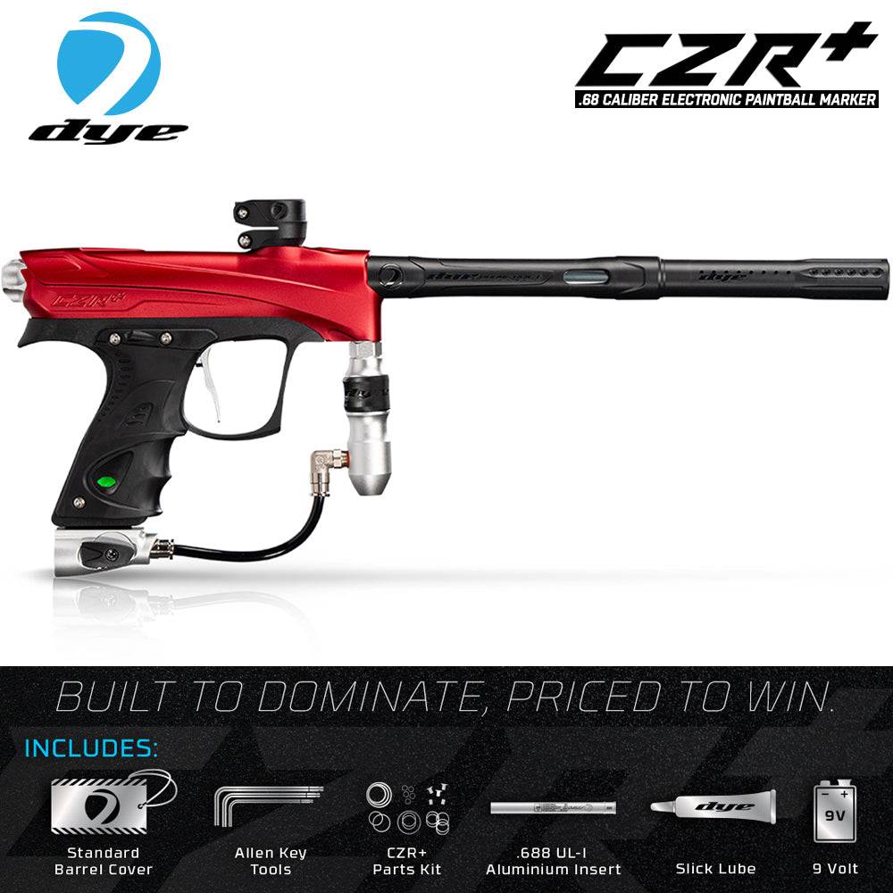 DYE CZR+ .68 Cal electronic full auto paintball gun with advanced features and accessories including HPA tank and loader