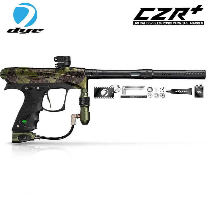 DYE CZR+ Electronic Paintball Gun Marker in olive dust with Boomstick-I barrel, electronic trigger, and maintenance kit
